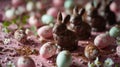 chocolate Easter bunnies and candies, macro shot, pink pastel-colored background