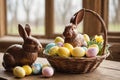 Chocolate easter bunnies and easter eggs on wicker basket on wooden table at cozy cabin with beautiful window light, rustic place Royalty Free Stock Photo