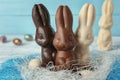 Chocolate Easter Bunnies And Eggs In Decorative Nest, Closeup