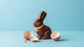 Chocolate Easter Bunny with Broken Eggshells on Blue Background Royalty Free Stock Photo