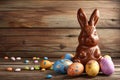 Chocolate Easter bunny and Easter Painted Eggs on wooden background Royalty Free Stock Photo