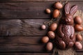 Chocolate Easter bunny and Easter Painted Eggs on wooden background Royalty Free Stock Photo