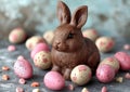 Chocolate easter bunny with easter eggs spring holiday occation.Macro.AI Generative