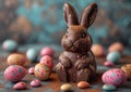 Chocolate easter bunny with easter eggs spring holiday occation.Macro.AI Generative