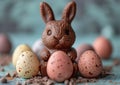 Chocolate easter bunny with easter eggs spring holiday occation.Macro.AI Generative