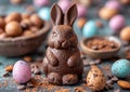 Chocolate easter bunny with easter eggs spring holiday occation.Macro.AI Generative