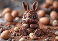 Chocolate easter bunny with easter eggs spring holiday occation.Macro.AI Generative
