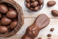 Chocolate Easter bunny, eggs and sweets on rustic background Royalty Free Stock Photo