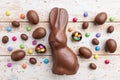 Chocolate Easter bunny, eggs and sweets on rustic background Royalty Free Stock Photo