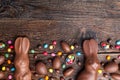 Chocolate Easter bunny and eggs on wooden background Royalty Free Stock Photo