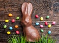 Chocolate Easter bunny and eggs on wooden background Royalty Free Stock Photo