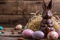 Chocolate Easter bunny and Easter Painted Eggs on wooden background Royalty Free Stock Photo