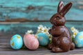 Chocolate Easter bunny and Easter Painted Eggs on wooden background Royalty Free Stock Photo