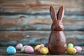 Chocolate Easter bunny and Easter Painted Eggs on wooden background Royalty Free Stock Photo