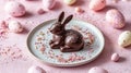 Chocolate Easter Bunny Surrounded By Pink Eggs Royalty Free Stock Photo