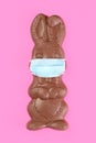 Chocolate Easter bunny wearing a medical face mask for protection to the coronavirus