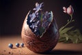 Chocolate easter cracked egg with beautiful blue spring flowers inside. Royalty Free Stock Photo