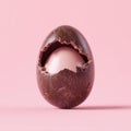 Cracked Chocolate Easter Egg with Pink Filling on Pastel Background Royalty Free Stock Photo