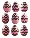 Chocolate Easter egg decorated with pink zigzag pattern, isolated on white transparent background. Royalty Free Stock Photo