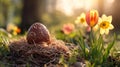 Chocolate Easter Egg Nestled In Spring Flowers Royalty Free Stock Photo
