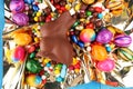 Chocolate Easter eggs and chocolate bunny and colorful sweets. Royalty Free Stock Photo