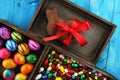 Chocolate Easter eggs and chocolate bunny and colorful sweets. Royalty Free Stock Photo