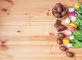Chocolate Easter eggs, chocolate bunny and colorful tulip flowers as border on wooden background Royalty Free Stock Photo