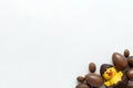 Chocolate Easter eggs and duck on white wooden background. Flat lay. Top view Royalty Free Stock Photo