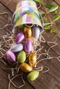 Chocolate Easter eggs in a Easter themed basket Royalty Free Stock Photo