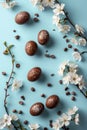 Chocolate Easter eggs scattered among white spring blossoms on a turquoise blue background. The vibrant and joyful