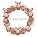 Chocolate Easter rabbits, eggs. Happy easter. Easter circle frame. Design postcard with bunny