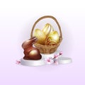 Chocolate Easter realistic bunny on the catwalk with golden eggs and flowers.Basket of eggs on the catwalk. Vector illustration of