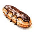 Watercolor Eclair With Chocolate Glaze On White Background