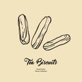 Chocolate eclairs isolated hand drawn vector line illustration old style. Vector tea biscuits, cookies for cooking logo Royalty Free Stock Photo
