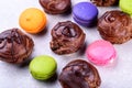 Chocolate eclairs and macaroons for the restaurant menu5 Royalty Free Stock Photo