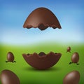 Chocolate egg 3D Happy Easter. Broken brown Easter egg, running eggs, blurred green grass field, blue sky meadow