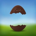 Chocolate egg 3D Happy Easter text. Broken brown Easter egg, blurred green grass field, blue sky meadow background