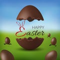 Chocolate egg 3D Happy Easter text. Broken brown Easter egg, blurred green grass field, blue sky meadow background