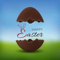 Chocolate egg 3D Happy Easter text. Broken brown Easter egg, blurred green grass field, blue sky meadow background