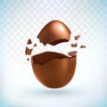 Chocolate egg explosion. Easter egg. Chocolate egg surprise broken on two sides, pieces of crushed chocolate. Vector