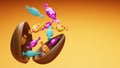 Chocolate egg full of candies dynamic image, 3D render Easter holiday