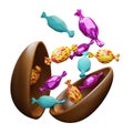 Chocolate egg full of candies dynamic image with white background, 3D render Easter holiday