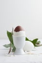 Chocolate egg on white eggstand holder Royalty Free Stock Photo