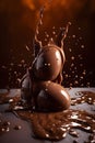 Chocolate eggs that are covered in liquid chocolate, with the chocolate splashing and dripping around them.