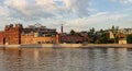 Chocolate factory Red October, Moscow river with a boat and a small park. Royalty Free Stock Photo