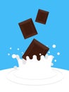 Chocolate falling in milk. White spray. Sweet Dairy Dessert Royalty Free Stock Photo