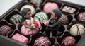 Chocolate figurines of bride and groom in a decorative box of assorted truffles Royalty Free Stock Photo