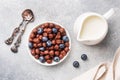 Chocolate flakes made from natural cereals with fresh blueberries, honey and milk. The concept of a healthy wholesome Royalty Free Stock Photo