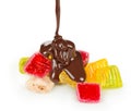 Chocolate flows on jelly candies