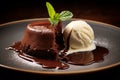 Chocolate fondant cake with a ball of ice cream poured with chocolate and decorated with a mint leaf